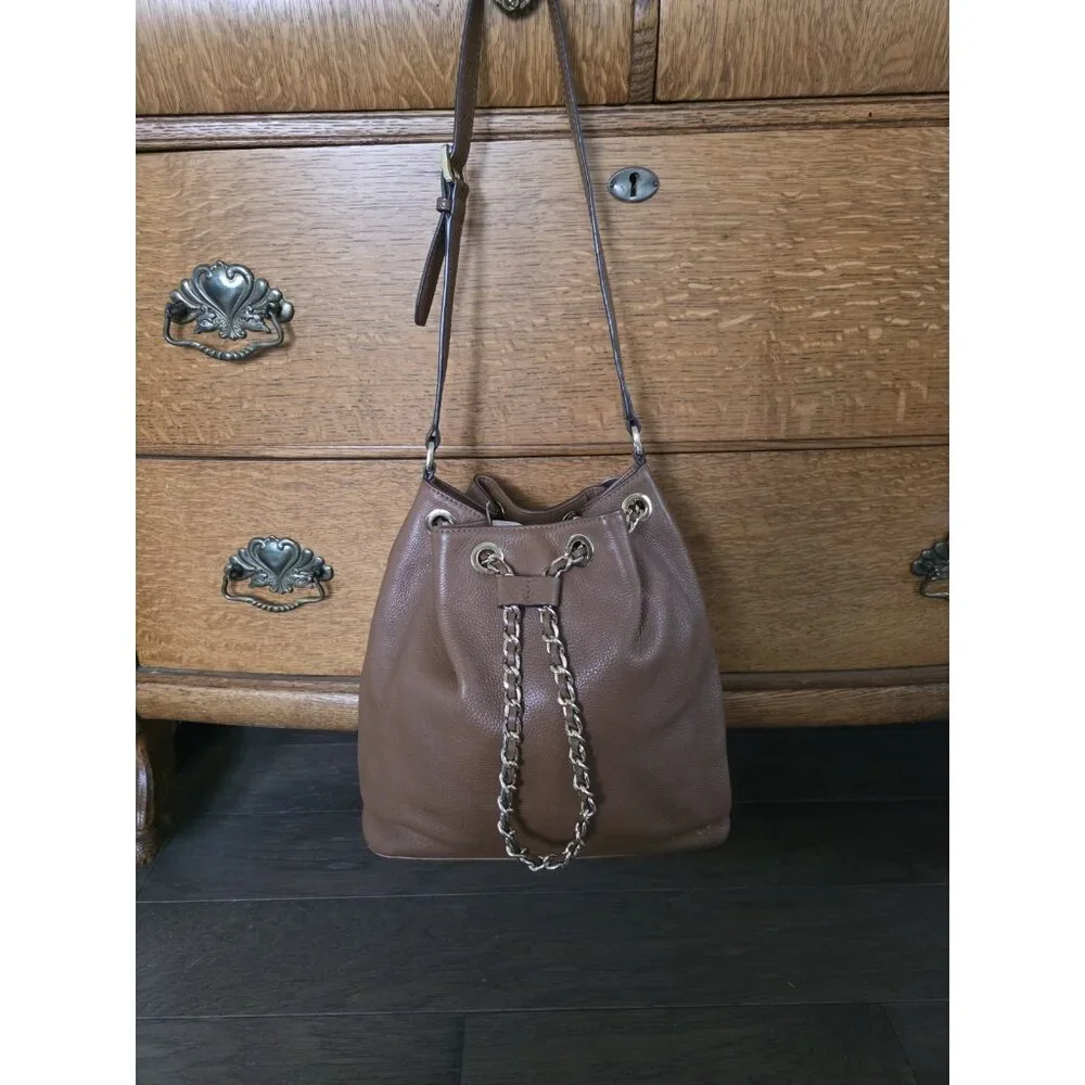 Michael Kors Frankie Brown Pebbled Leather Drawstring Convertible Shoulder Bag